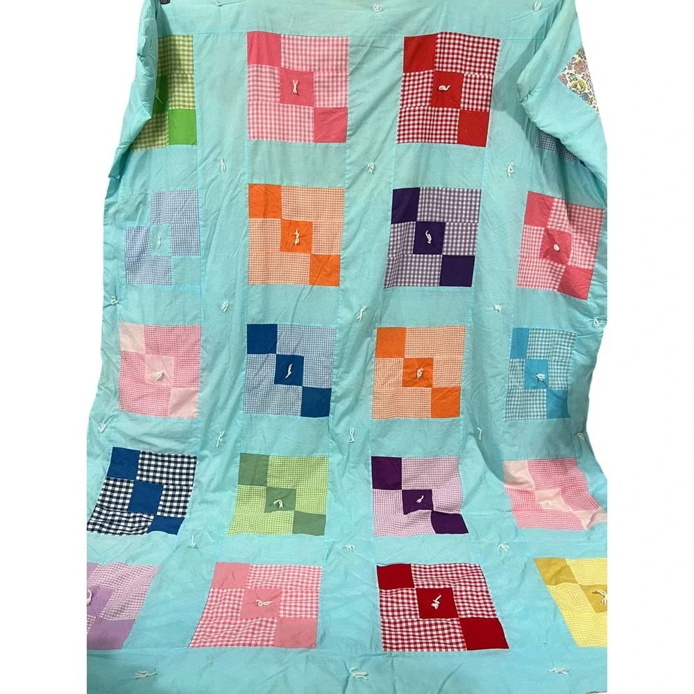 Handmade Vintage Patchwork Tied Quilt Gingham Floral Reverse 90x74 Full